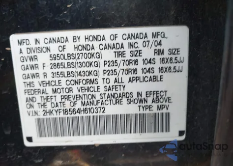 2004 Honda Pilot Ex-L z USA, uszkodzony, nr VIN 2HKYF18564H610372